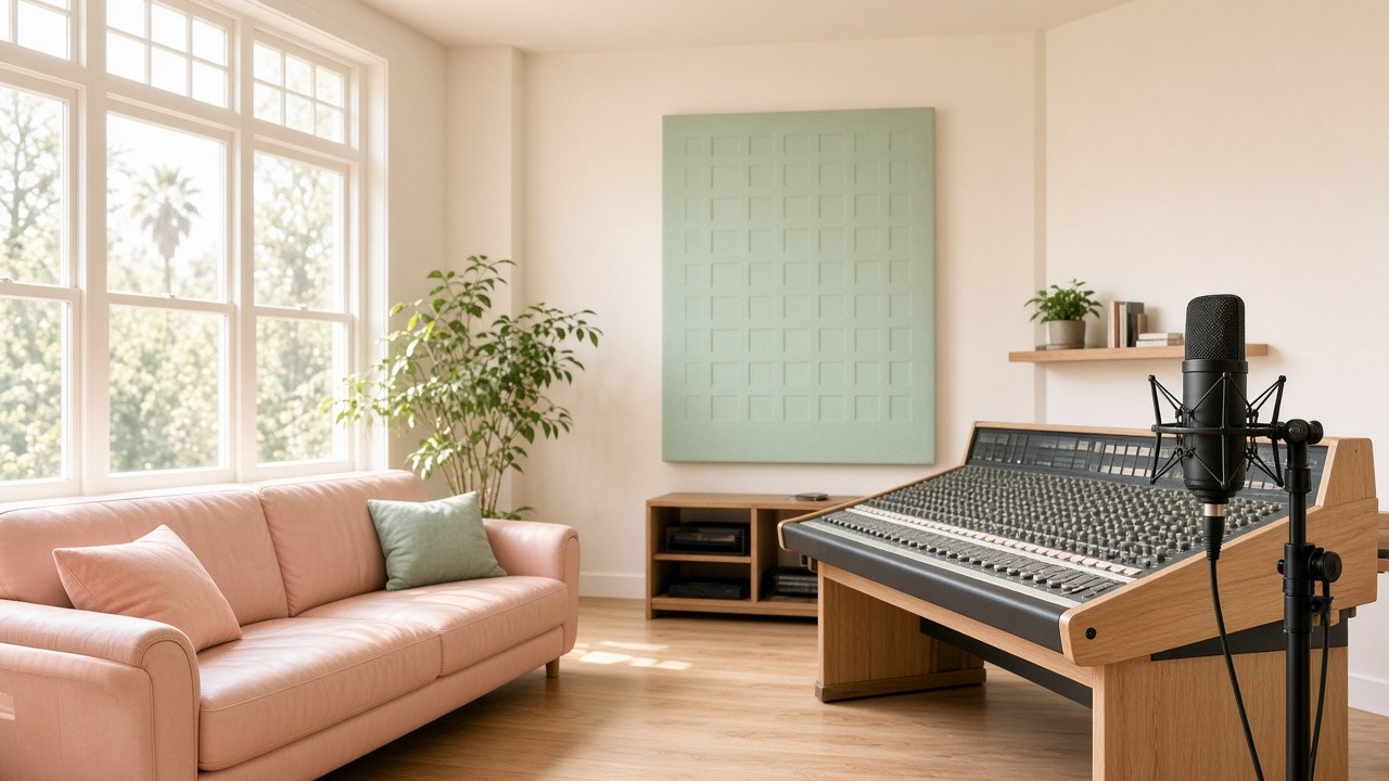 A music studio with a microphone and a mixing desk.